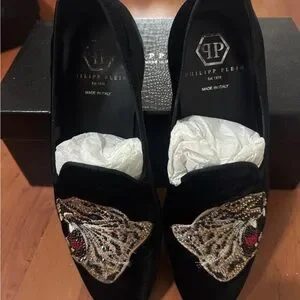 Philipp Plein Black Luxury Loafers with Metallic Embellishments Velvet Loafers Strass Monogram | Philipp Plein main image 3